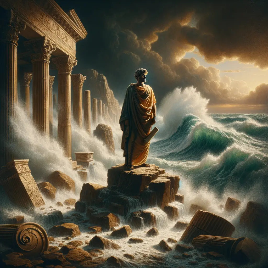 A Roman philosopher in a toga stands amidst a stormy coastal landscape, symbolizing stoic resilience and wisdom in a cinematic style.