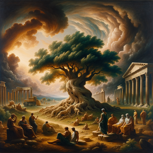 A grand oak tree standing firm amidst a storm near Roman architecture, with philosophers discussing, inspired by classical 1960s historical films.