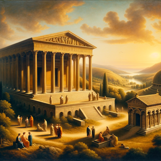 A serene landscape featuring Greek and early Christian architecture symbolizing philosophical and religious coexistence in a historical epic style.