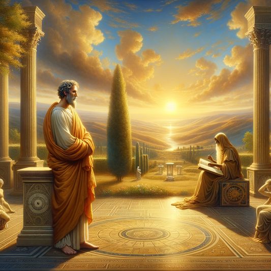 Serene ancient landscape with symbols of Stoic philosophy and biblical teachings, featuring a philosopher in a toga and a robed spiritual figure, set against a backdrop of arches and a sunlit sky.