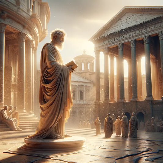 A serene Roman sage in a toga symbolizes wisdom in a classic forum setting, inspired by 1960s historical films.