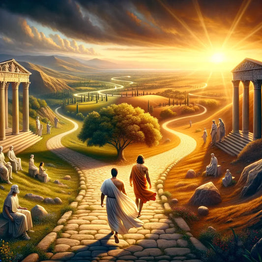 Two paths in a Roman landscape symbolizing the philosophical journeys of Stoicism and Hedonism, converging towards a distant temple, inspired by 1960s historical film style.