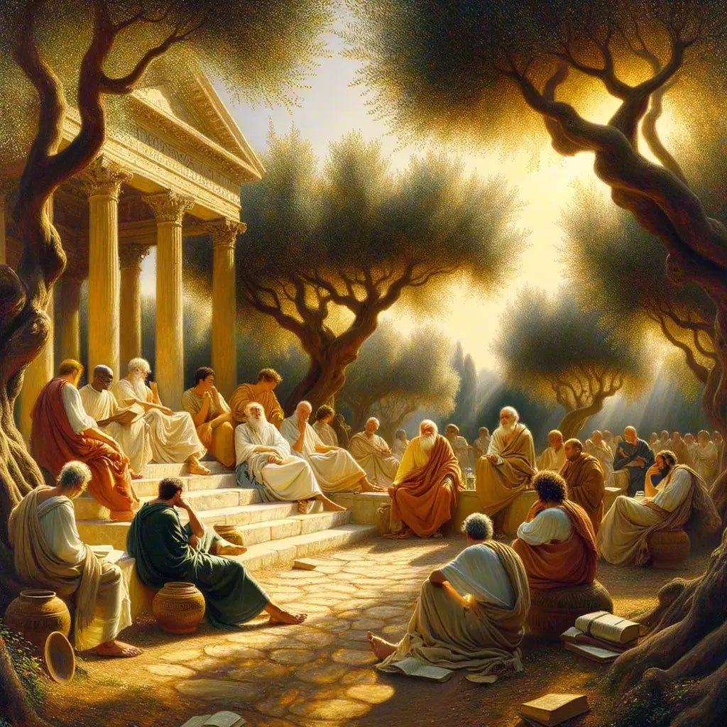 Ancient Roman philosophers in togas discuss under olive trees in a serene garden, reflecting the calm of Stoic philosophy, inspired by 1960s historical films.