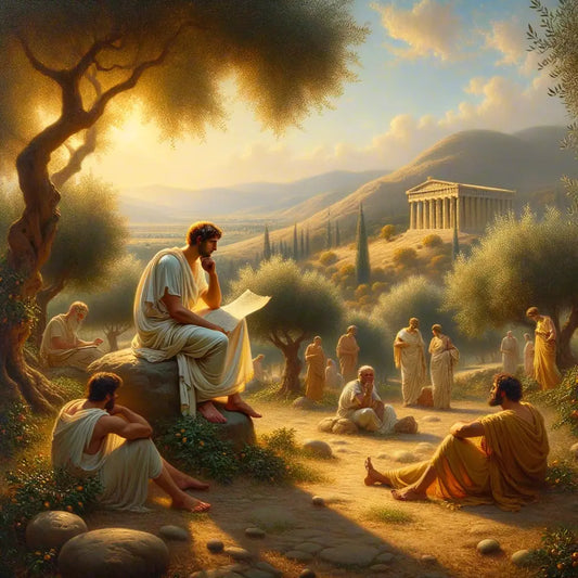 Ancient Greek philosopher in white toga contemplating under olive trees, reminiscent of 1960s historical epic films.