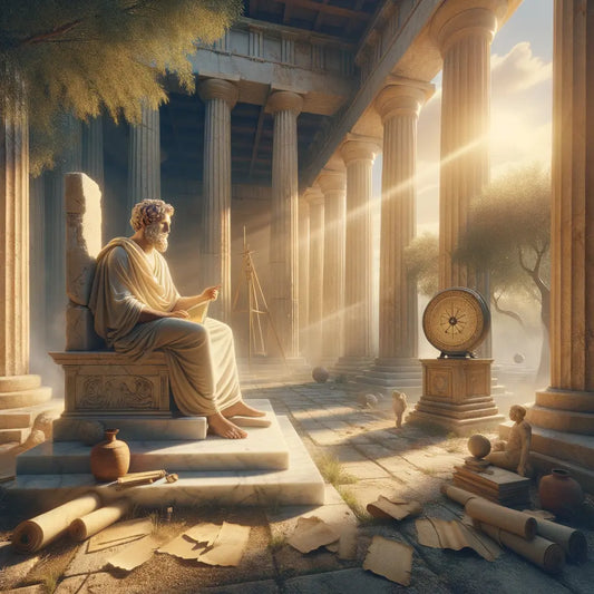 An ancient Greek philosopher in contemplation alongside a modern individual practicing mindfulness, capturing the timelessness of stoicism in a classical setting, inspired by 1960s historical film style.