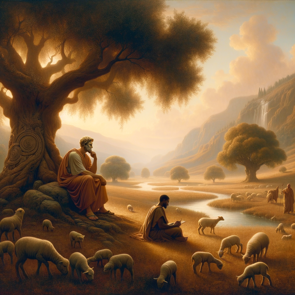 Stoic philosopher in toga with olive tree and shepherd with lambs, representing harmony through Stoic and biblical symbols.