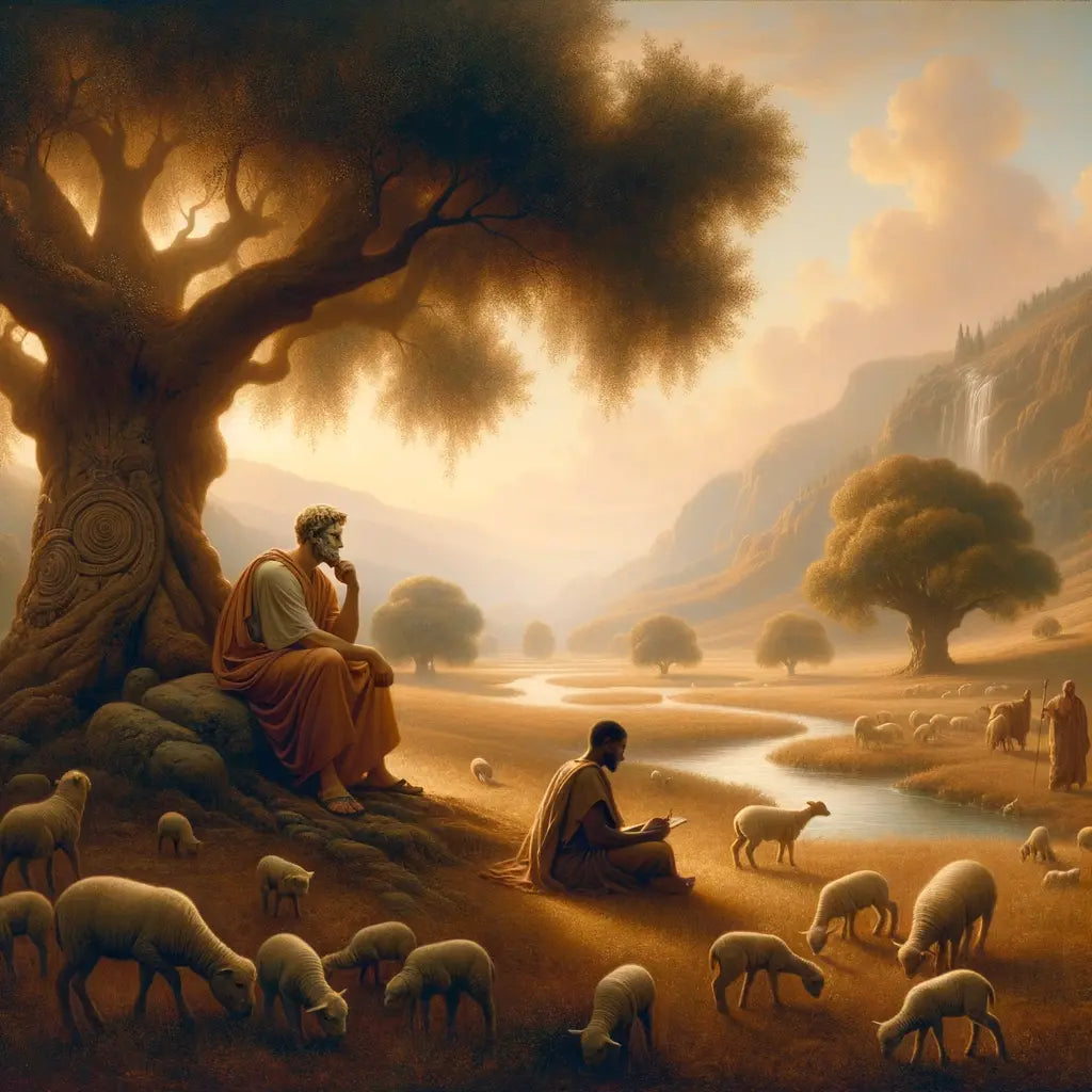 Stoic philosopher in toga with olive tree and shepherd with lambs, representing harmony through Stoic and biblical symbols.
