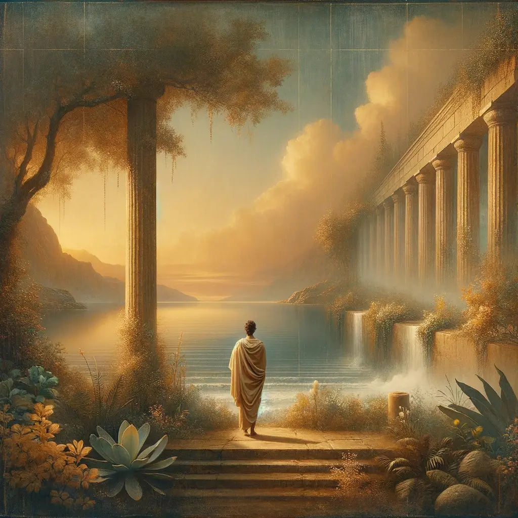 A modern person in a blend of classical and contemporary robes reflects on stoicism by the sea, with rain and ancient Greek-inspired elements, styled like a 1960s historical epic.
