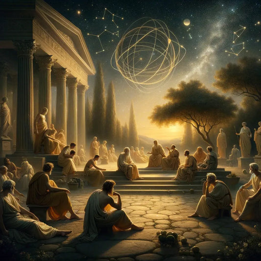 Ancient Roman Stoics in philosophical discussion under a starry night sky, surrounded by cosmic and natural symbols, evoking 1960s historical film style.