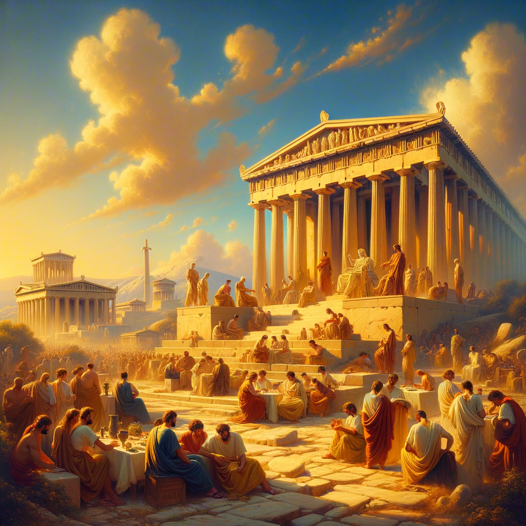 Panoramic view of ancient Athens with iconic Greek architecture, featuring philosophers engaged in discussion under a clear sky, inspired by classic historical films of the 1960s.