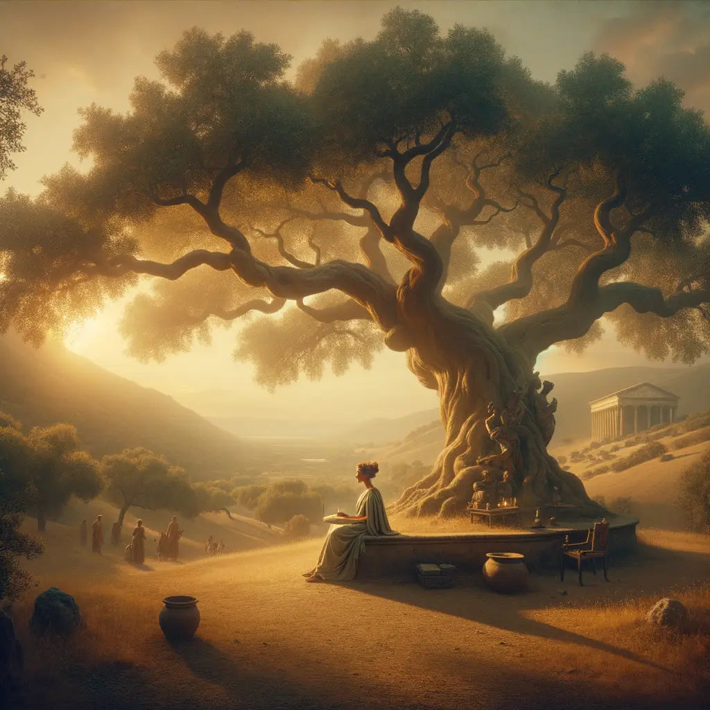 An ancient Roman philosopher in deep contemplation under a sprawling oak tree, symbolizing Stoic principles of cosmic harmony, depicted in the style of classic 1960s historical films.