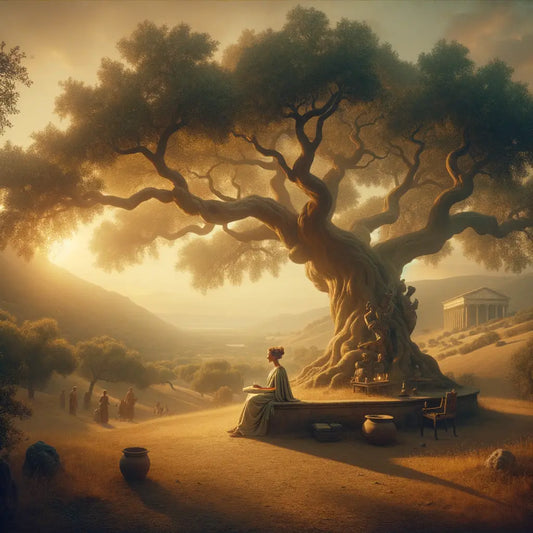 An ancient Roman philosopher in deep contemplation under a sprawling oak tree, symbolizing Stoic principles of cosmic harmony, depicted in the style of classic 1960s historical films.