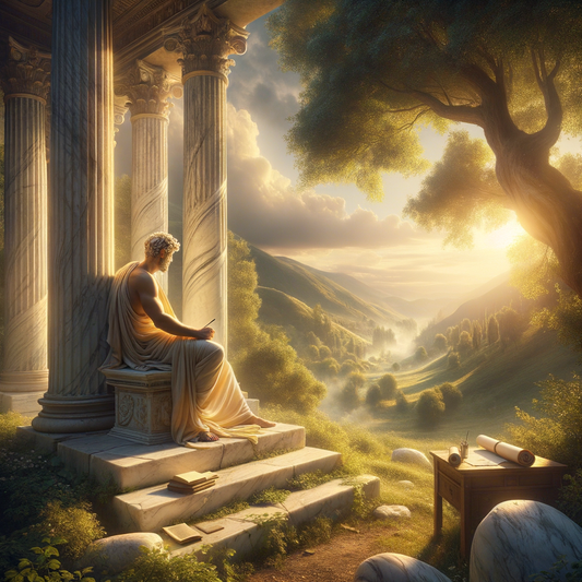 An ancient philosopher in thought, seated in a lush landscape with scrolls, symbolizing Stoicism and theology, in a 1960s historical film style