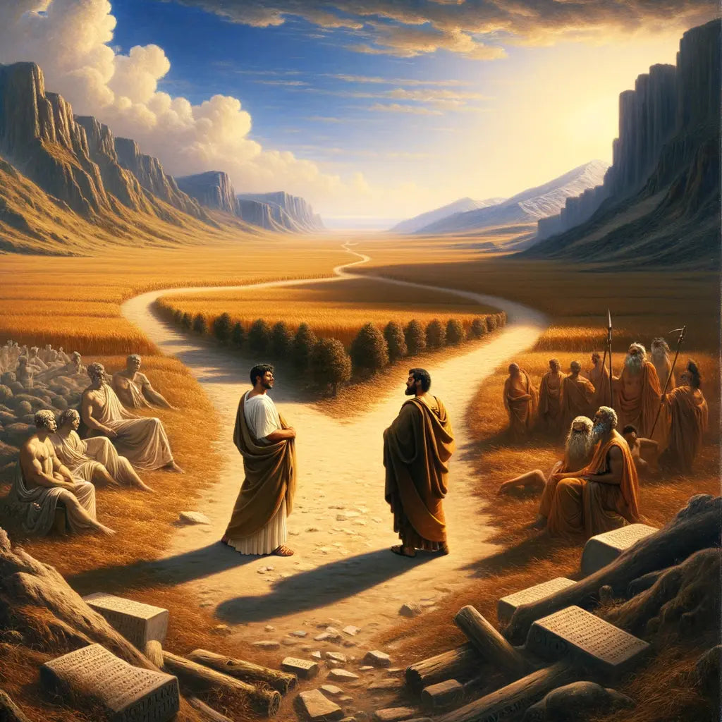Roman philosophers standing at diverging paths in an ancient landscape, symbolizing Stoicism versus Nihilism, with a cinematic style reminiscent of classic 1960s historical films.
