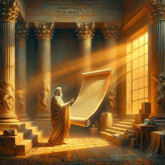 An ancient Roman scholar unrolling a scroll of Stoic teachings, juxtaposed with symbols of modern technology, in a 1960s epic film style painting.