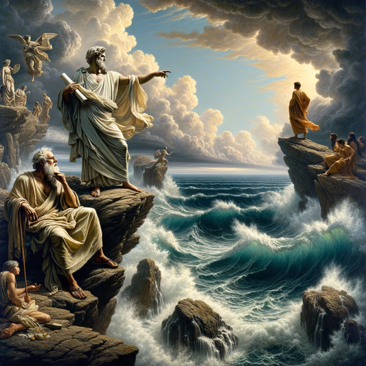 An ancient Greek philosopher and a modern individual stand above a turbulent sea, pondering life's meaning, in a style inspired by classic historical films of the 1960s.