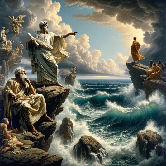 An ancient Greek philosopher and a modern individual stand above a turbulent sea, pondering life's meaning, in a style inspired by classic historical films of the 1960s.