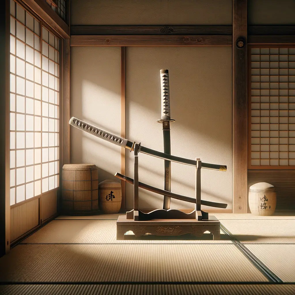 Eine kunstvoll gestaltete Katana in einem Raum mit eleganter japanischer Dekoration, sanft beleuchtet, das Schwert strahlt in kultureller Anmut.