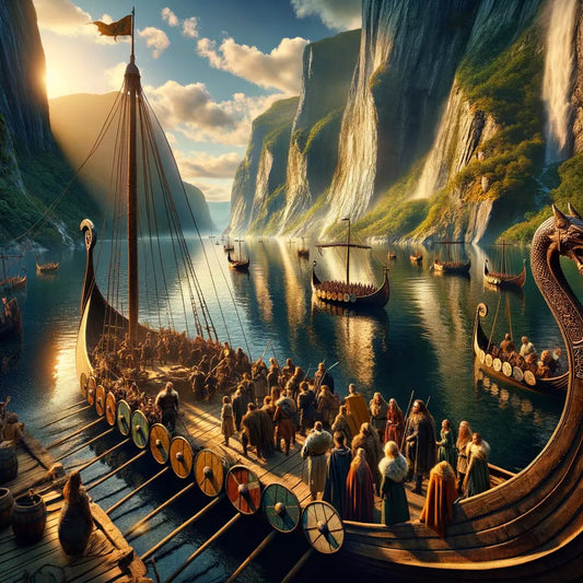 Viking ship in a calm fjord with travelers enjoying the view, depicted in classic cinematic style.