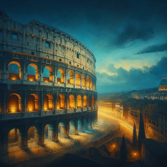 Illuminated arches of the Colosseum against a deep blue evening sky, showcasing its historical grandeur.