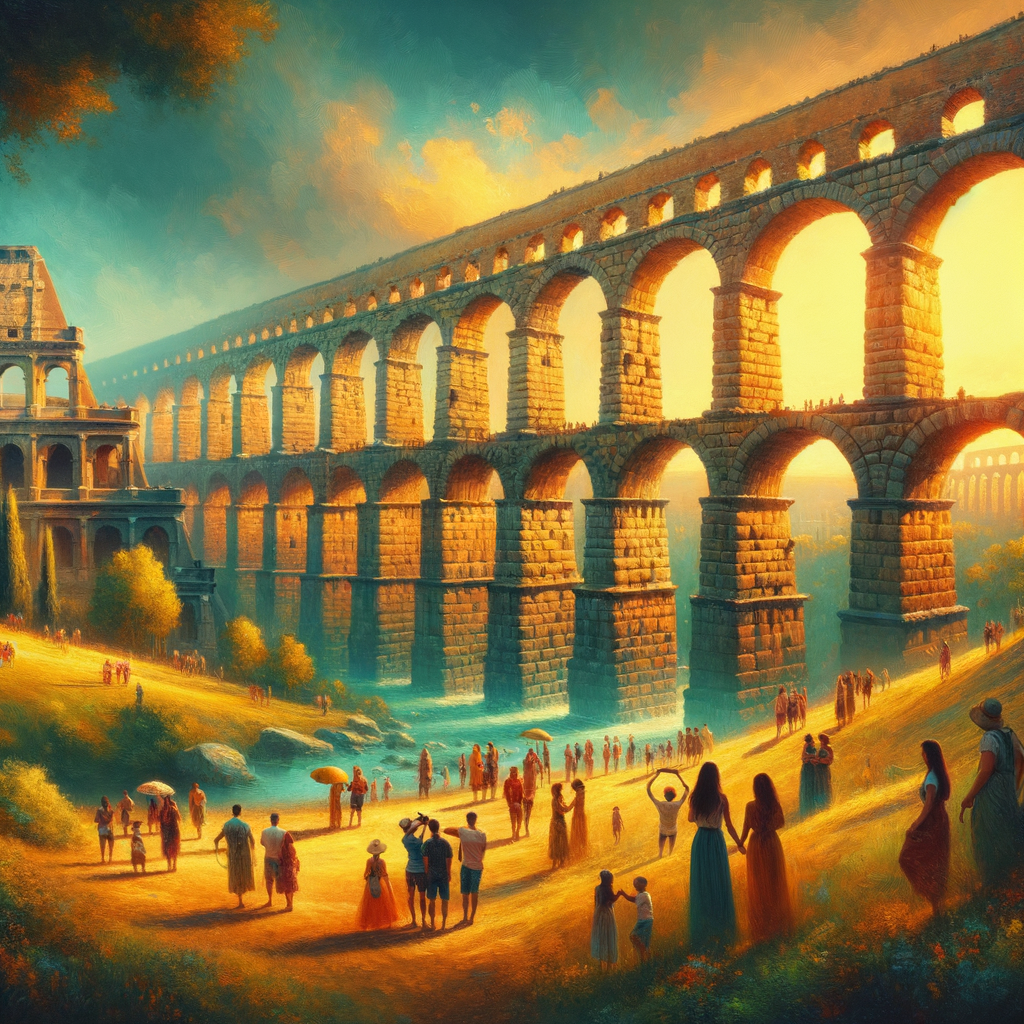 Roman aqueduct with tourists walking, surrounded by greenery and historical landmarks, reminiscent of 1960s historical epic films.