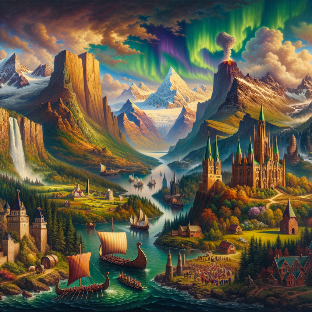 Painting of Nordic landscapes: Sweden's fjords, Norway's Viking longship, Denmark's castles, Finland's northern lights, Iceland's volcanoes.