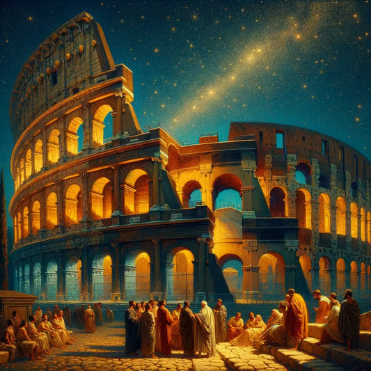Illuminated Roman Colosseum at night under a starry sky, with citizens in togas nearby, inspired by classic 1960s historical epic films.
