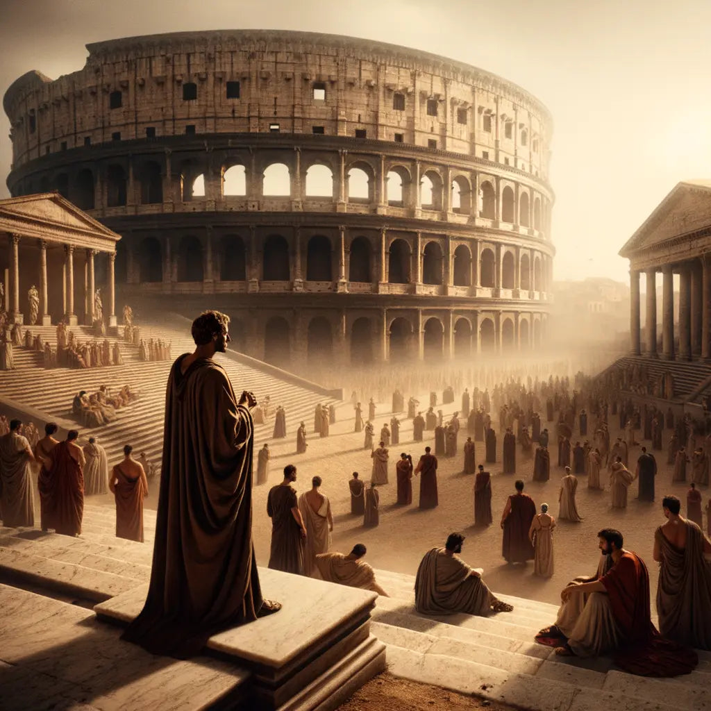 Marcus Aurelius in emperor's garb standing thoughtfully before the Colosseum bustling with Roman citizens in a style reminiscent of 1960s historical film epics.