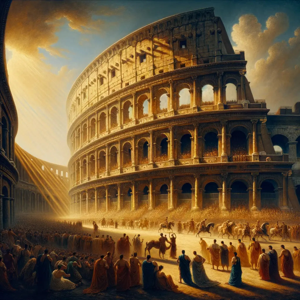 Bustling scene of ancient Romans in togas around the Colosseum, set for gladiatorial games, in a style reminiscent of 1960s historical epics.
