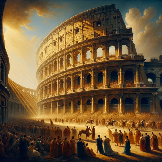 Bustling scene of ancient Romans in togas around the Colosseum, set for gladiatorial games, in a style reminiscent of 1960s historical epics.