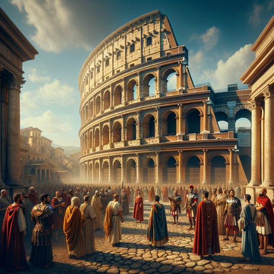A cinematic painting of the Colosseum in ancient Rome, under a clear blue sky, with citizens and soldiers in period attire, in the style of 1960s historical films.