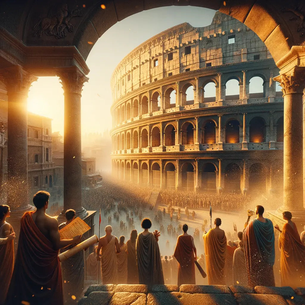 Majestic sunrise view of the Roman Colosseum, capturing its ancient glory and grand architecture in a cinematic 1960s film style.