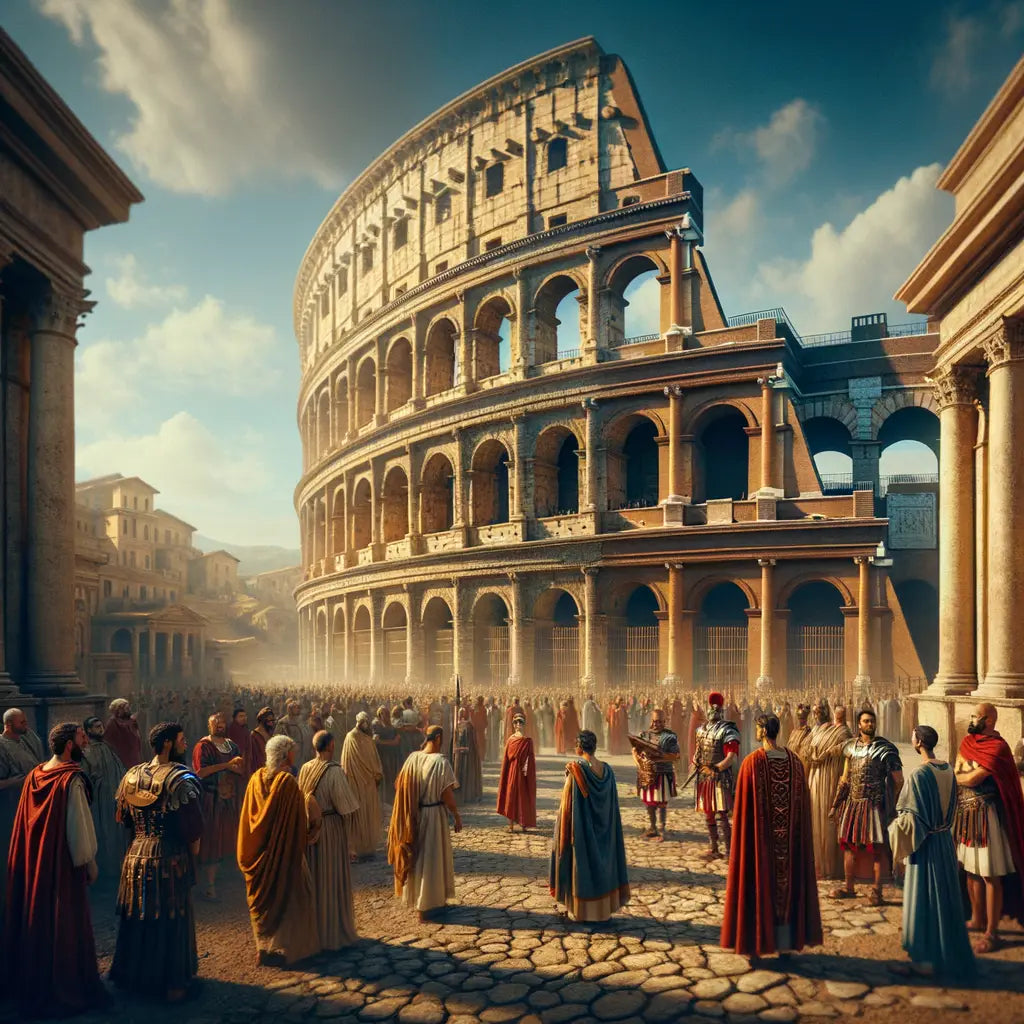 A cinematic painting of the Colosseum in ancient Rome, under a clear blue sky, with citizens and soldiers in period attire, in the style of 1960s historical films.
