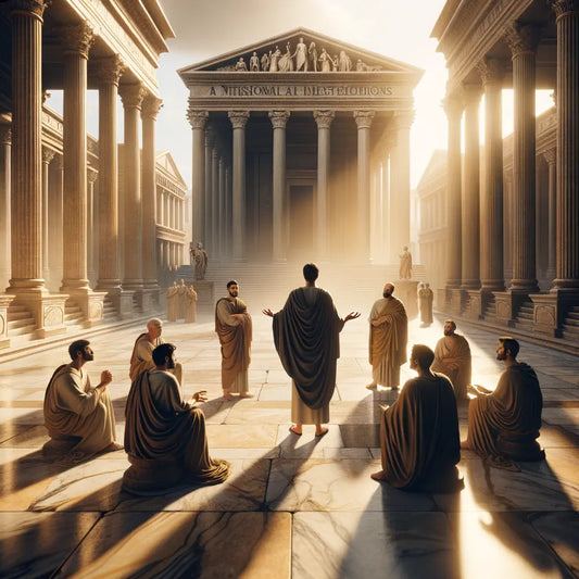 Roman philosopher addressing citizens in a sunlit forum, reminiscent of 1960s historical film style.