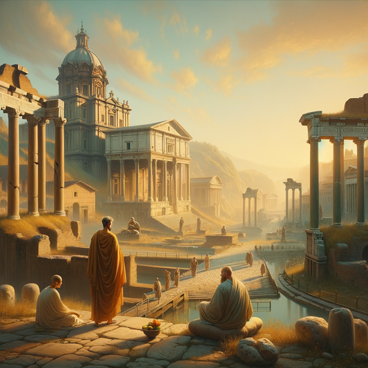 A Roman forum at sunrise with philosophers and monks, captured in a serene, cinematic painting style reminiscent of 1960s historical films, emphasizing tranquility and mindfulness.