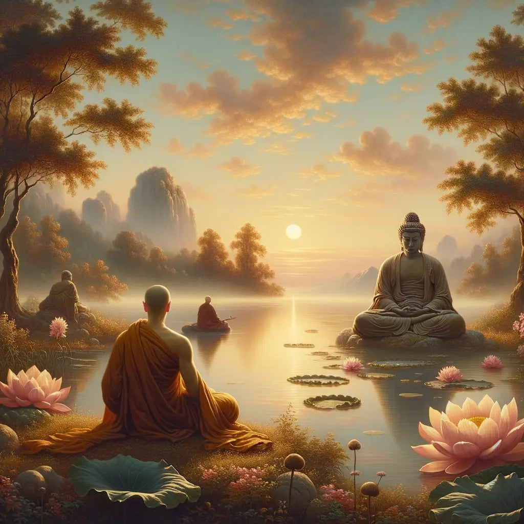 A serene landscape with a lotus flower on a lake and a philosopher's scroll, symbolizing the harmony of Buddhism and Stoicism.