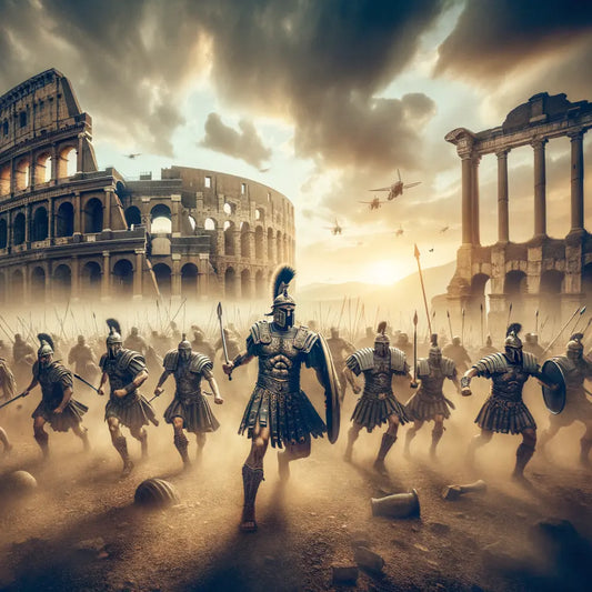 A Roman historical epic painting showcasing a battle scene with Roman soldiers.