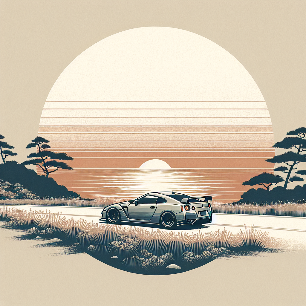 A sleek Japanese Domestic Market car quietly driving on a coastal road at sunset with soft golden light and a calm sea horizon – minimalistic, elegant, and culturally inspired.