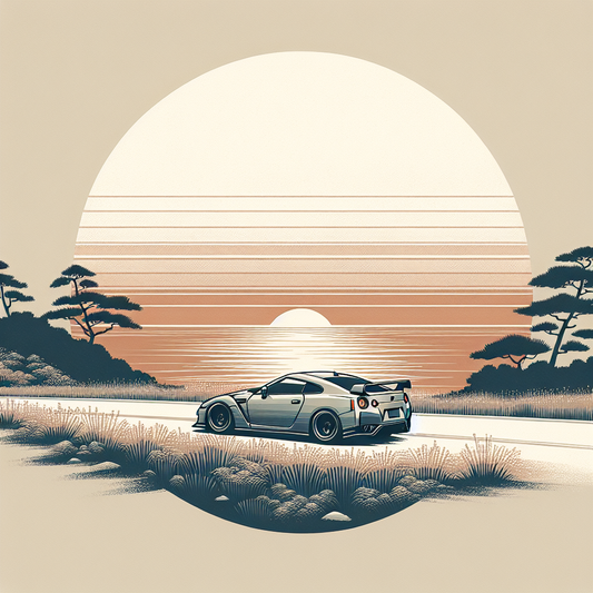 A sleek Japanese Domestic Market car quietly driving on a coastal road at sunset with soft golden light and a calm sea horizon – minimalistic, elegant, and culturally inspired.