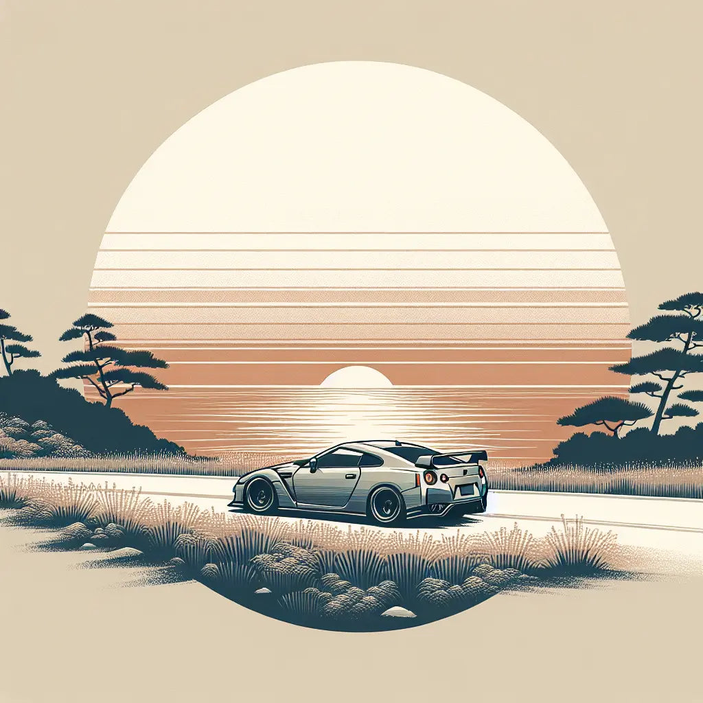 A sleek Japanese Domestic Market car quietly driving on a coastal road at sunset with soft golden light and a calm sea horizon – minimalistic, elegant, and culturally inspired.