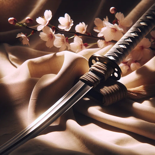 A crafted Japanese katana sword resting gracefully on a traditional silk cloth with soft-focus sakura blossoms in the background, bathed in warm, natural light - minimalist and serene.