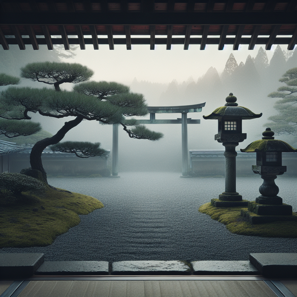 Two traditional Japanese stone lanterns facing each other across a raked gravel courtyard shrouded in mist, evoking a quiet and balanced showdown in a serene natural setting.