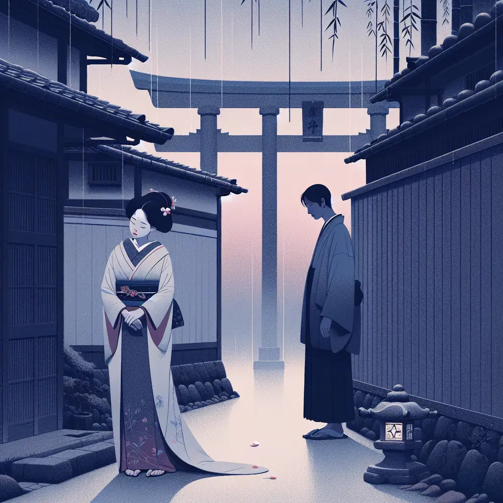 A minimalist, serene Japanese alley at dusk showing two distant figures in traditional clothing, symbolizing romantic betrayal with quiet sorrow and jealousy through subtle color and composition.