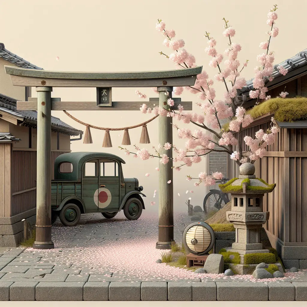 A calm Japanese street in spring with a wooden torii gate and blooming sakura blossoms, featuring a subtle vintage car with a green and yellow Shoshinsha beginner driver mark, symbolizing new beginnings.