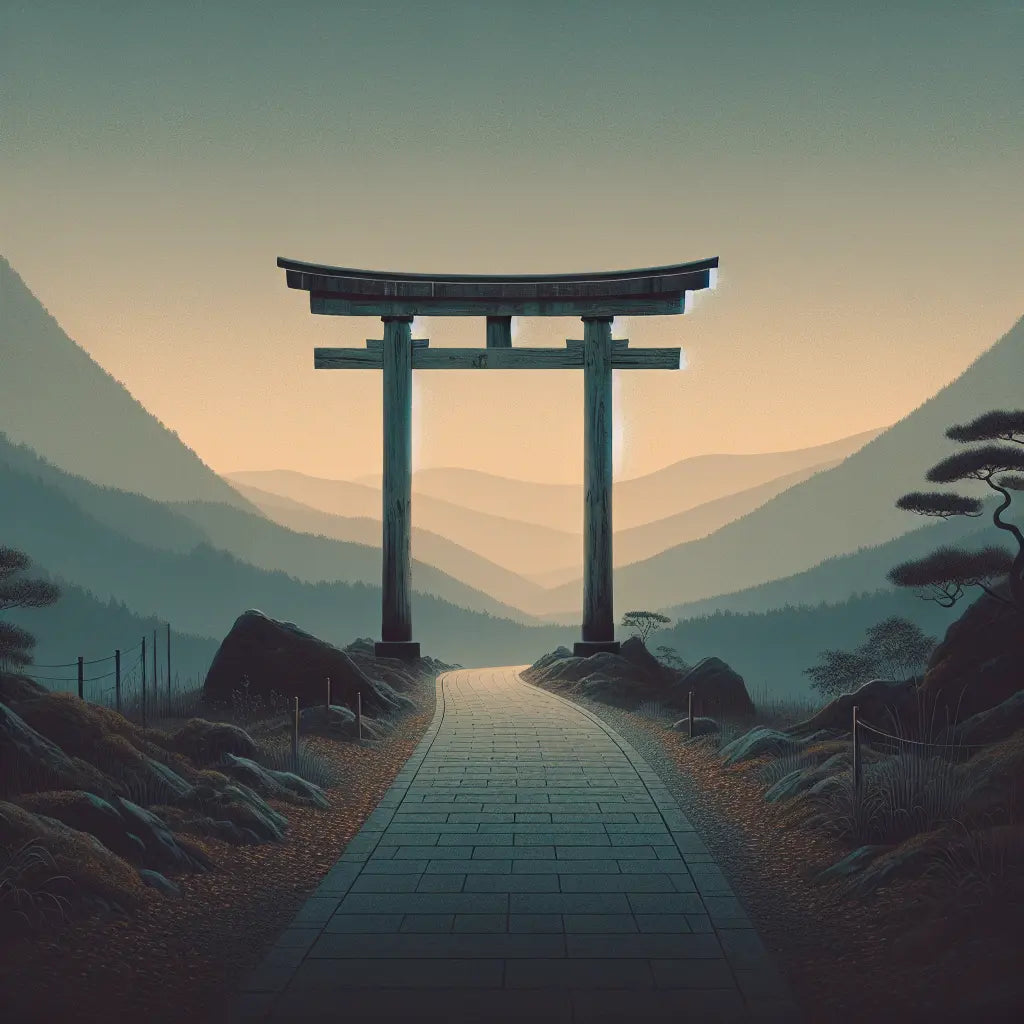A quiet mountain road with a classic red torii gate at sunset, bathed in soft pastel light and natural textures — minimalist, serene, and traditionally Japanese.