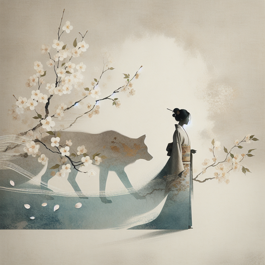 An elegant minimalist image of a traditional Japanese figure softly transforming into a Chinese zodiac animal with a muted, serene background of sakura petals and subtle natural textures representing cultural growth.