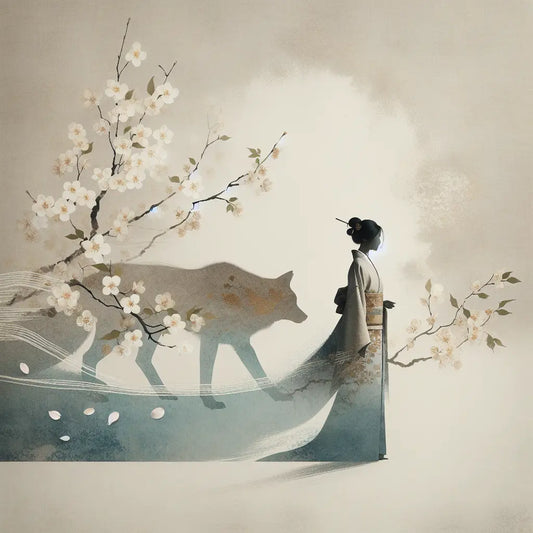 An elegant minimalist image of a traditional Japanese figure softly transforming into a Chinese zodiac animal with a muted, serene background of sakura petals and subtle natural textures representing cultural growth.