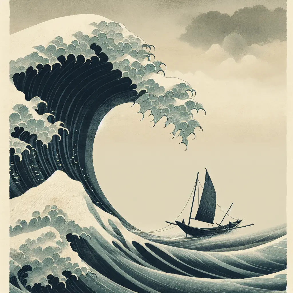 A minimalist traditional Japanese painting of a solitary wooden fishing boat riding a large stylized wave beneath a muted, cloudy sky, evoking peaceful strength and classic Edo period aesthetics.