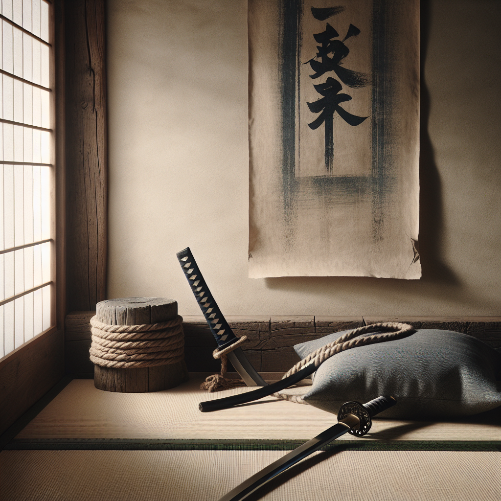 Minimalist traditional Japanese scene with a samurai sword resting on tatami mats beside a shimenawa rope and subtle Norse rune motifs softly integrated into a rice paper background, evoking a calm and harmonious cultural fusion.