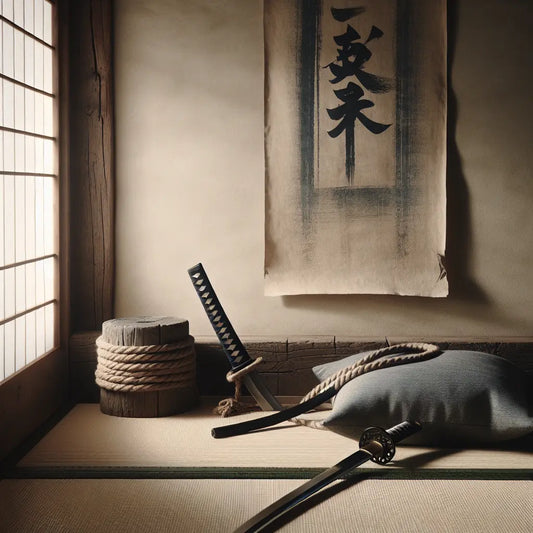 Minimalist traditional Japanese scene with a samurai sword resting on tatami mats beside a shimenawa rope and subtle Norse rune motifs softly integrated into a rice paper background, evoking a calm and harmonious cultural fusion.